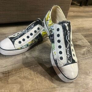 Ed Hardy Slip On Lace Shoes Sneakers 
White Yellow Black Logo RARE